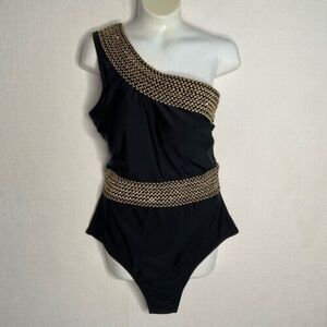 NWT Cupshe One Piece/Shoulder Swimsuit Women Size M Black/Gold Trim‎